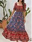 billige Uformelle blomsterkjoler-Dame Maxikjole Uformell kjole Boho elegante kjoler Boho-kjole Bohem søt stil Stilfull Feriereise Daglig Strand Løstsittende Grafisk Kortermet Løse skuldre Rød Blå Grønn Sommer Vår Høst