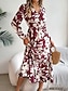abordables Robes fleuries décontractées-Femme Robe mi-longue Robe casual Robe Évasée Robe Trapèze mode Décontractées Vacances du quotidien Standard Feuille manche longue Col V Vin Kaki Printemps Automne