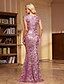 baratos Rosa-Vestido de Gala Sereia  Trompete Vestido Brilhante Convidada de Casamento Festa à Noite Comprimento do Chão Sem Mangas Decote em V Lantejoulas com Lantejoulas