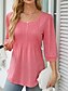 preiswerte Damen Einfache Oberteile-Damen Hemd Bluse Feste Farbe Basic Brautkleider schlicht 3/4 Ärmel Rundhalsausschnitt Normale Oberteile Täglich Rüschen Schwarz Weiß Rosa Sommer Frühling