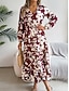 abordables Robes fleuries décontractées-Femme Robe mi-longue Robe casual Robe Évasée Robe Trapèze mode Décontractées Vacances du quotidien Standard Feuille manche longue Col V Vin Kaki Printemps Automne