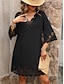 cheap Plain Dresses-Women&#039;s Black Dress Mini Dress Lace Patchwork Casual V Neck 3/4 Length Sleeve Black Color