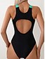 billiga One-piece-baddräkter-Dam Badkläder En bit Monokini Baddräkt Öppen rygg Magkontroll Hög midja Smal Semester Standkläder Färgblock U-hals Ärmlös Baddräkter