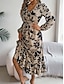 abordables Robes fleuries décontractées-Femme Robe mi-longue Robe casual Robe Évasée Robe Trapèze mode Décontractées Vacances du quotidien Standard Feuille manche longue Col V Vin Kaki Printemps Automne