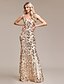 baratos Rosa-Vestido de Gala Sereia  Trompete Vestido Brilhante Convidada de Casamento Festa à Noite Comprimento do Chão Sem Mangas Decote em V Lantejoulas com Lantejoulas