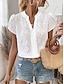 voordelige Kant Tops-Dames Overhemd Pointelle shirt Oogje top Blouse Geborduurd Effen Kleur Dagelijks Stijlvol Casual Korte mouw V-hals Normale tops Casual Dagelijks Werk Wit Zomer Lente