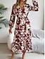 abordables Robes fleuries décontractées-Femme Robe mi-longue Robe casual Robe Évasée Robe Trapèze mode Décontractées Vacances du quotidien Standard Feuille manche longue Col V Vin Kaki Printemps Automne