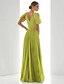 abordables VERT-Robe de soirée A-line verte élégante mariage en bord de mer formelle longueur de sol manches courtes col en V chiffon avec plissés en plumes