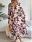 abordables Robes fleuries décontractées-Femme Robe mi-longue Robe casual Robe Évasée Robe Trapèze mode Décontractées Vacances du quotidien Standard Feuille manche longue Col V Vin Kaki Printemps Automne