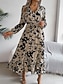 abordables Robes fleuries décontractées-Femme Robe mi-longue Robe casual Robe Évasée Robe Trapèze mode Décontractées Vacances du quotidien Standard Feuille manche longue Col V Vin Kaki Printemps Automne