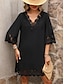 cheap Plain Dresses-Women&#039;s Black Dress Mini Dress Lace Patchwork Casual V Neck 3/4 Length Sleeve Black Color