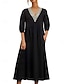 baratos Vestido branco-Vestido midi feminino elegante, vintage, estiloso, manga lanterna, férias, diário, ajuste regular, liso, manga 3/4, decote em V, preto, branco, verão, primavera, outono