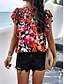 cheap Shirts-Women&#039;s Shirt Blouse Cotton Linen Shirts Floral Stylish Casual Short Sleeve Turtleneck Regular Tops Daily Ruffle Print Black Beige Summer