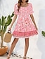 tanie Sukienki boho-Damskie Sukienka mini Codzienne sukienki Letnie sukienki Sukienka Boho Elegancja Elegancki Latarnia rękawem Urlop Codzienny Randka Regularny Kwiaty Krótki rękaw Kwadratowy dekolt Czarny Rumiany r