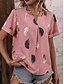 cheap Boho tee-Women&#039;s Shirt Blouse Feather Stylish Casual Short Sleeve Notched Neck Regular Tops Daily Print White Pink Summer Spring