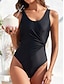 billige Badedragter-Dame Badetøj Et stykke Monokini badedragt Krøllede Folder slankende Mavekontrol Høj Talje Tynd Ferie Strand Tøj Helfarve U-hals Uden ærmer Badedragter