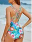 billiga One-piece-baddräkter-Dam Badkläder En bit Monokini Baddräkt Öppen rygg Magkontroll Hög midja Smal Semester Standkläder Blommig V-hals Ärmlös Baddräkter
