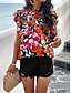 cheap Shirts-Women&#039;s Shirt Blouse Cotton Linen Shirts Floral Stylish Casual Short Sleeve Turtleneck Regular Tops Daily Ruffle Print Black Beige Summer