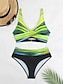 billiga Bikiniset-Dam Badkläder Bikini 2 st Kaxig Baddräkt Öppen rygg Smal Semester Standkläder Färgblock V-hals Ärmlös Baddräkter