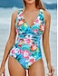 billiga One-piece-baddräkter-Dam Badkläder En bit Monokini Baddräkt Öppen rygg Magkontroll Hög midja Smal Semester Standkläder Blommig V-hals Ärmlös Baddräkter