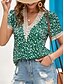 tanie Damskie topy z grafiką-Damskie Koszula Bluzka Panterka Elegancki Codzienny Krótki rękaw W serek Zwykłe topy Codzienny Nadruk Zielony Khaki Lato