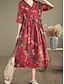 abordables Robes-Femmes Robe maxi Robes en coton et lin Robe Décontractée Basique Occasionnel Vacances Quotidien Coupe régulière Fleuri Manche Courte Col en V Rouge Été