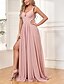 billige Brudepigekjoler-A-Linie Brudepige Kjole Dyb Hals Uden Ærmer Elegant Gulvlængde Chiffon med Split Foran  Rynkning