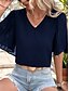 baratos Blusas Simples Femininas-Mulheres Camisa Social Blusa Côr Sólida Elegante à moda Casual Manga Curta Decote V Tops regulares Trabalho Diário Feriado Franzido Patchwork Preto Azul Marinha Verão Primavera Outono