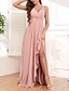 preiswerte Brautjungfernkleider-A-Linie Brautjungfernkleid V-Ausschnitt Ärmellos Elegant Bodenlänge Chiffon mit Rüschen  Geteilter Vorderseite  Rüsche