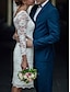 voordelige Kleine Witte Jurken-Betrokkenheid Kleine Afstuderen Witte Jurken Bruidsjurken Sheath  Kolom Off Shoulder Lange Mouwen Korte  Mini Satijnen Bruidsjurken Met Effen Kleur
