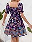 tanie Sukienki boho-Damskie Sukienka mini Codzienne sukienki Letnie sukienki Sukienka Boho Elegancja Elegancki Latarnia rękawem Urlop Codzienny Randka Regularny Kwiaty Krótki rękaw Kwadratowy dekolt Czarny Rumiany r