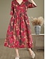 abordables Robes-Femmes Robe maxi Robes en coton et lin Robe Décontractée Basique Occasionnel Vacances Quotidien Coupe régulière Fleuri Manche Courte Col en V Rouge Été