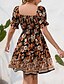 tanie Sukienki boho-Damskie Sukienka mini Codzienne sukienki Letnie sukienki Sukienka Boho Elegancja Elegancki Latarnia rękawem Urlop Codzienny Randka Regularny Kwiaty Krótki rękaw Kwadratowy dekolt Czarny Rumiany r