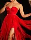 preiswerte ROT-Ballkleid Abendkleid Ausgeschnittenes Kleid Abendparty Fotoshooting Bodenlänge Ärmellos Trägerlos Spitze Rückenfrei mit Rüschen Schlitz