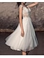 abordables Petites Robes Blanches-Robe blanche de petite graduation Plage Robes de mariage Bohème Robe de bal Épaules dénudées Bretelles régulières Longueur thé Tulle Costumes de mariée Robes de mariée avec drapés Appliques