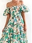 abordables Robes de vacances-Femme Robe Maxi Robe casual Robe Évasée Robe Trapèze mode Décontractées Vacances du quotidien Standard Floral Manche Courte Epaules Dénudées Bleu Vert Eté