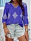 abordables Hauts de Vacances pour Femmes-Femme Chemise Chemisier Géométrique Bohême Ethnique Décontractées Manches 3/4 Col V Hauts réguliers du quotidien Imprimer Violet Vert Eté Printemps Automne