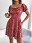 tanie Eleganckie sukienki kwiatowe-Damskie Sukienka mini Codzienne sukienki Sukienka A line Elegancki Codzienny Urlop Codzienny Regularny Kwiaty Krótki rękaw Kwadratowy dekolt Czerwony Zielony Lato Wiosna