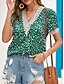 tanie Damskie topy z grafiką-Damskie Koszula Bluzka Panterka Elegancki Codzienny Krótki rękaw W serek Zwykłe topy Codzienny Nadruk Zielony Khaki Lato