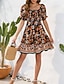 tanie Sukienki boho-Damskie Sukienka mini Codzienne sukienki Letnie sukienki Sukienka Boho Elegancja Elegancki Latarnia rękawem Urlop Codzienny Randka Regularny Kwiaty Krótki rękaw Kwadratowy dekolt Czarny Rumiany r