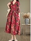 abordables Robes-Femmes Robe maxi Robes en coton et lin Robe Décontractée Basique Occasionnel Vacances Quotidien Coupe régulière Fleuri Manche Courte Col en V Rouge Été