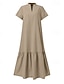 preiswerte Kleider-Damen Langes Kleid Maxikleid Leinen-inspirierte Kleider Freizeitkleid Baumwoll-Leinenkleid Stilvoll Lässig Urlaub Täglich Date Normale Passform Einfach Kurzarm Stehkragen Schwarz Wein Khaki Sommer