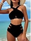 tanie Zestawy bikini-Damskie Stroje kąpielowe Bikini 2 szt Majtki Kostium kąpielowy Odkryte plecy Szczupła Urlop Stroje plażowe Jednokolorowe Kantarka Bez rękawów Kostiumy kąpielowe