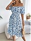 abordables Robes fleuries décontractées-Femme Robe mi-longue Robe Trapèze Robe de laitière Robe mi-longue Robe smockée Bohême Le style mignon mode Manche Gigot Vacances Intérieur Soirée Ajustable Floral Manche Courte Col Carré Noir Blanche