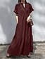 preiswerte Kleider-Damen Langes Kleid Maxikleid Leinen-inspirierte Kleider Freizeitkleid Baumwoll-Leinenkleid Stilvoll Lässig Urlaub Täglich Date Normale Passform Einfach Kurzarm Stehkragen Schwarz Wein Khaki Sommer