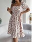 abordables Robes fleuries décontractées-Femme Robe mi-longue Robe Trapèze Robe de laitière Robe mi-longue Robe smockée Bohême Le style mignon mode Manche Gigot Vacances Intérieur Soirée Ajustable Floral Manche Courte Col Carré Noir Blanche