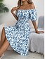 abordables Robes fleuries décontractées-Femme Robe mi-longue Robe Trapèze Robe de laitière Robe mi-longue Robe smockée Bohême Le style mignon mode Manche Gigot Vacances Intérieur Soirée Ajustable Floral Manche Courte Col Carré Noir Blanche