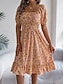 abordables Robes fleuries décontractées-Femme Robe mi-longue Robe Trapèze Robe de laitière Robe mi-longue Robe smockée Bohême Le style mignon mode Manche Gigot Vacances Intérieur Soirée Ajustable Floral Manche Courte Col Carré Noir Blanche