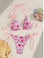 billiga Bikiniset-Dam Badkläder Bikini 2 st G-string Baddräkt Öppen rygg Smal Semester Standkläder Blommig Halterneck Ärmlös Baddräkter