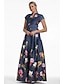 baratos FLORAIS-Vestido de Gala em A Com Fenda Altíssima Vestido Formal Convidada de Casamento Comprimento Total Manga Curta Decote V com Bolso em Cetim com Estampa Floral